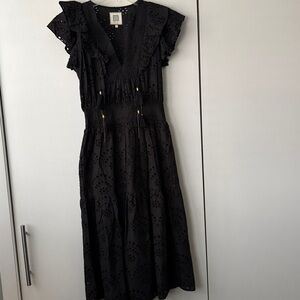 Bell Eyelet Midi Dress Womens XS Black V-Neck Sleeveless Belt Cotton D01